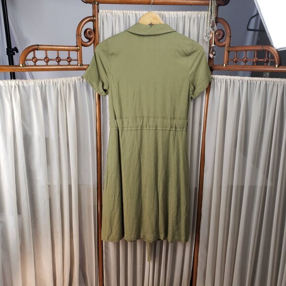 ModCloth XXS Dress Olive Green Linen Pockets Button Shirt Belt Tie Khaki NWT - Picture 4 of 15